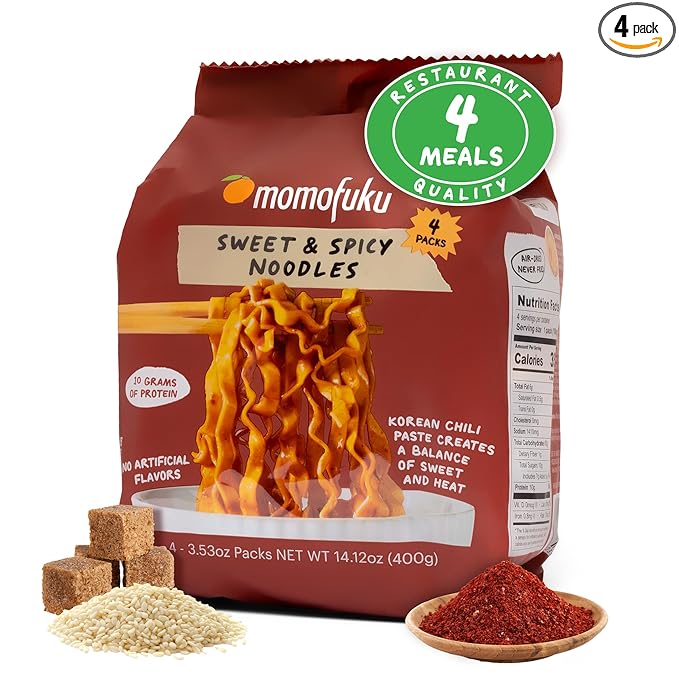 Momofuku Sweet and Spicy Noodles Ramen Noodles by David Chang, 4 Pack of Restaurant Quality Air-Dried Instant Noodles Now with More Sauce & 10g of Protein