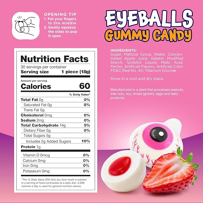 Eyeballs Gummy Candy - 19 Oz Jar (30 Count) - Strawberry Jelly Filled Gummies - Individually Wrapped Candy - Party Favors - Spooky Eyes Gummies by Funtasty