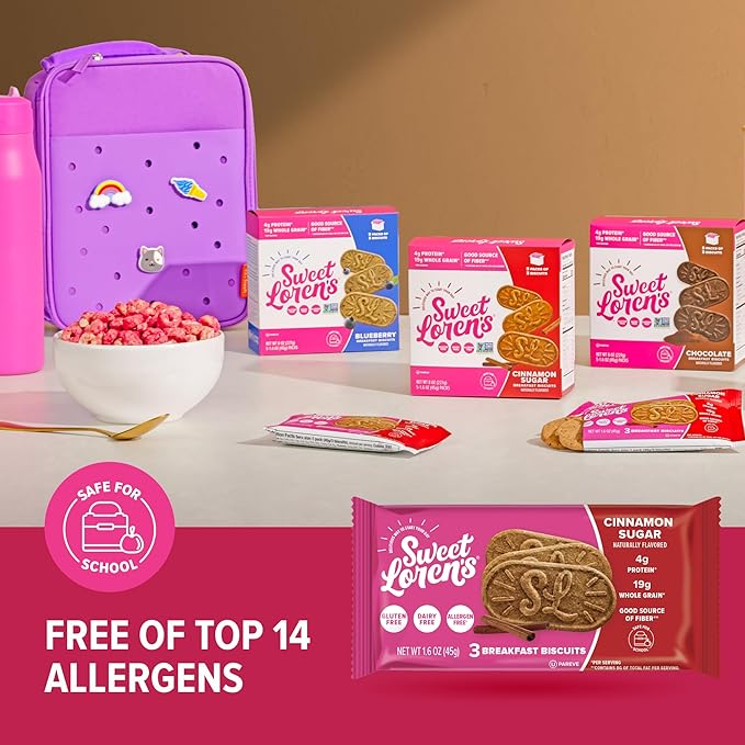 Sweet Loren's Vegan Breakfast Biscuits | Cinnamon Sugar | 4g Protein, 19g Whole Grains | Plant Based, Gluten Free, Dairy Free, Nut Free Snacks | Grab & Go 8 Pack (24 Total Biscuits, 1.6 ounce each)