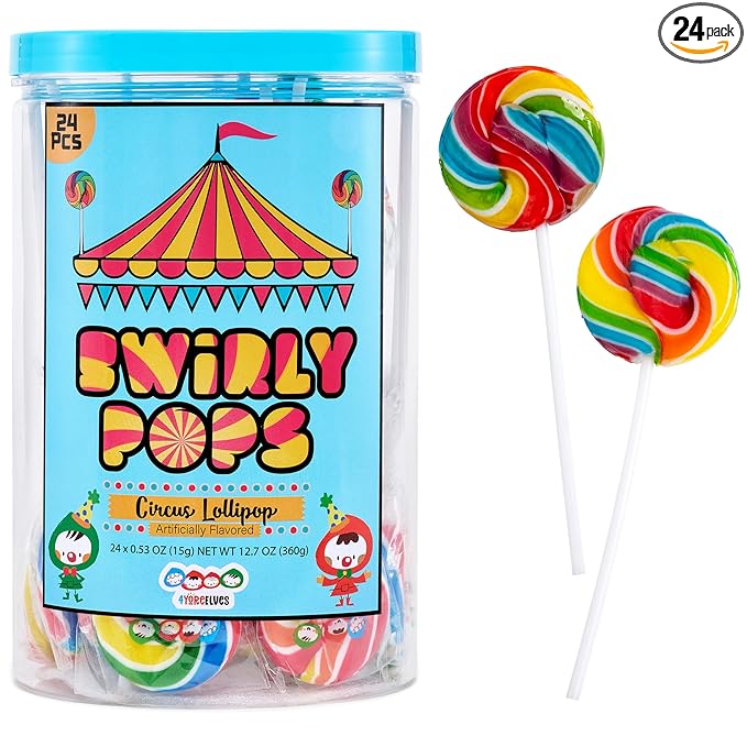 24 Circus Rainbow Lollipops Individually Wrapped, Bursting with Fruity Flavor, Great Swirl Lollipops for Kids Birthday Parties, Party Favor Candy and Cake Toppers, By 4YoreElves (Pack of 24)