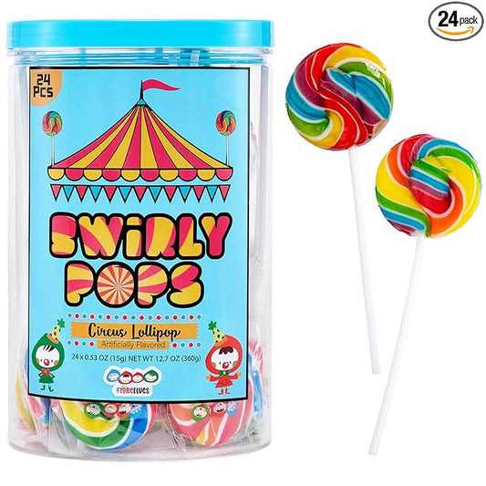 24 Circus Rainbow Lollipops Individually Wrapped, Bursting with Fruity Flavor, Great Swirl Lollipops for Kids Birthday Parties, Party Favor Candy and Cake Toppers, By 4YoreElves (Pack of 24)