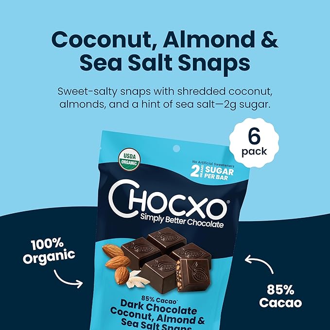 Chocxo Dark Chocolate Coconut Almond & Sea Salt Snaps - Low in Sugar, Organic 85% Cacao, Non-GMO, Keto Certified, Gluten Free & Kosher. No Artificial Sweeteners or Sugar Alcohols, 3.45 oz (Pack of 6)