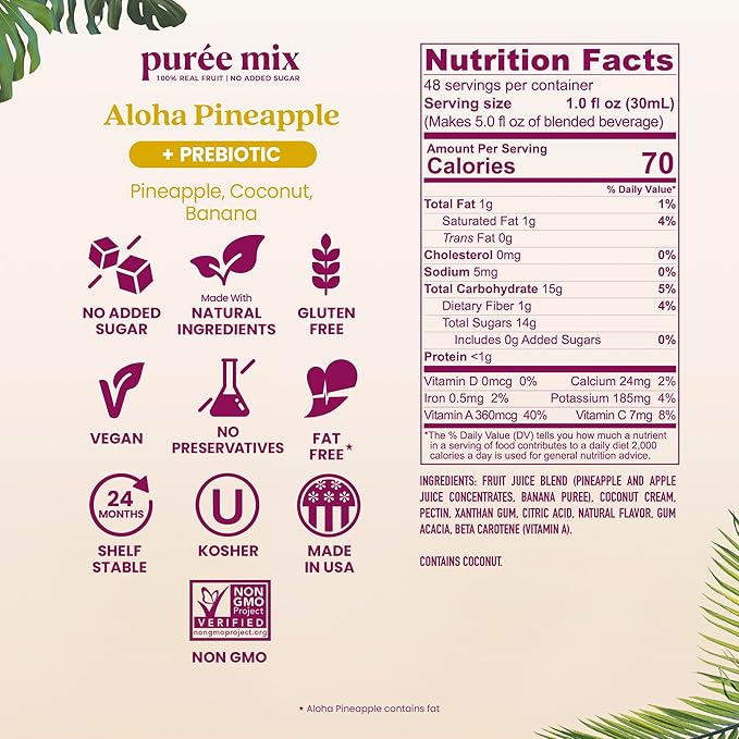 Smartfruit Aloha Pineapple + Prebiotic – 100% Real Fruit Purée with Pineapple, Banana, Apple & Coconut – Great for Smoothies, Juice, Yogurt, Cocktails, Teas – High in Vitamin A – 2-Pk, 48oz Each
