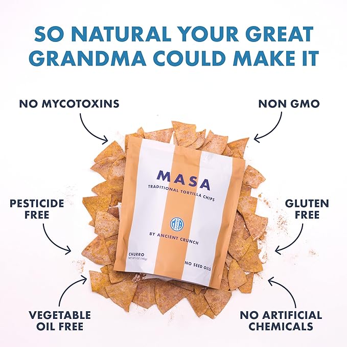 MASA Tortilla Chips - Churro Chips - No Seed Oil Snacks - Corn TortillaChips - Made with Grass Fed Beef Tallow, Powdered Sugar, Royal Cinnamon,Sea Salt - Sweet and Salty Snacks - 6 Pack - 5 oz/Pack