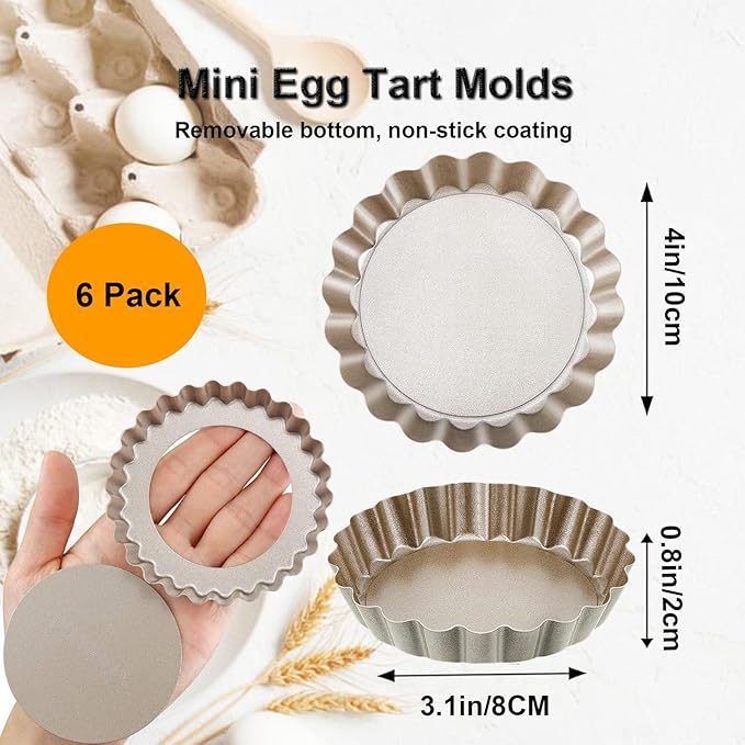 Yamteck 4 Inch Mini Quiche Pans Gold 6 Pack. Egg Tart Molds w/Removable Bottom, Non-Stick Coating, Rugged Carbon Steel for Small Tart Quiche Pie Making. Gift for Women Christmas Thanksgiving Festival