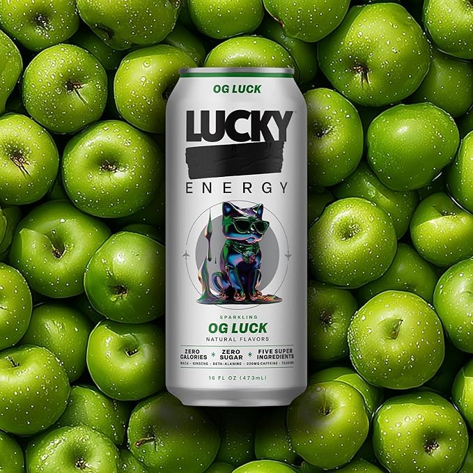 Lucky Energy Sugar Free Energy Drinks, OG Luck, 16oz Cans (12-Pack) Healthy, Zero Sugar Energy Drink with Maca, Ginseng, Beta-Alanine, Taurine & 200mg Caffeine