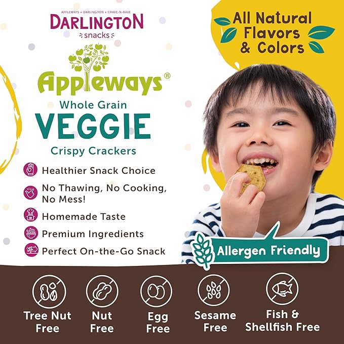 Appleways Vegetable Crackers, Pack of 20 (1 oz Each), Crispy Whole Grain and Multigrain Wheat Snack Crackers Healthy with No Preservatives, Individually Wrapped for Lunchboxes and On-the-Go Snacking