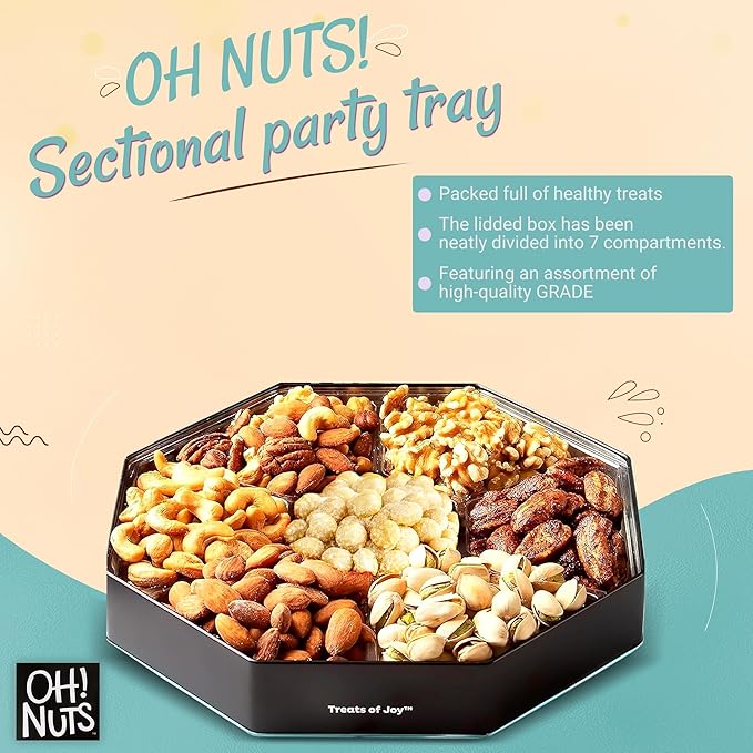 Oh! Nuts 7 Section Nuts Gift Basket - Gourmet Assorted Macadamia Nut Gifts Baskets - Healthy Nuts Gift Hexagon Metal Tin Box - Premium Food Gift for Holiday, Movie Night, Corporate, Men & Women
