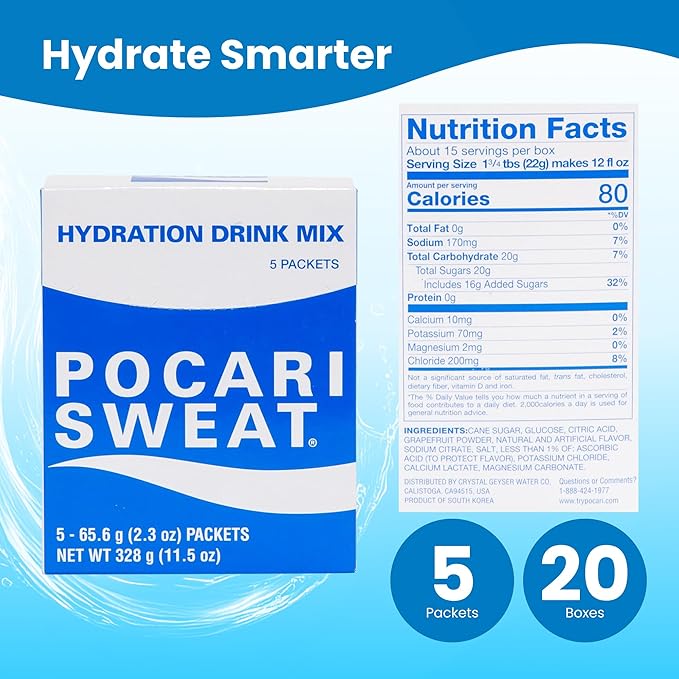 Pocari Sweat Electrolyte Drink, 20 Box Case, 5 Packets Per Box, 100 Packets Total – Hydration, Replenishment & Recovery Beverage