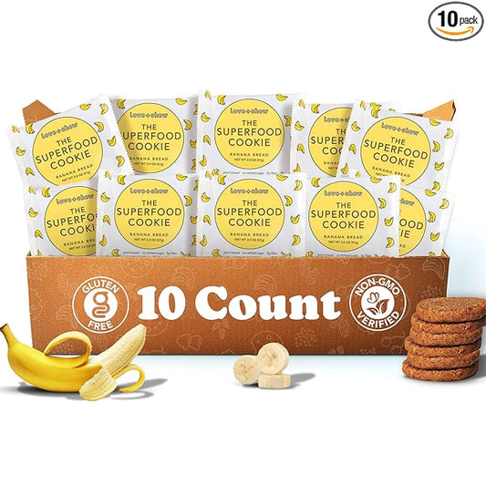 Love + Chew Superfood Soft Baked Vegan Cookies, Gluten Free, 7g Plant Based Protein Cookie, Healthy Snacks for Adults and Kids, Refined Sugar Free, Individually Wrapped Cookies, Banana Bread, 10 Pack
