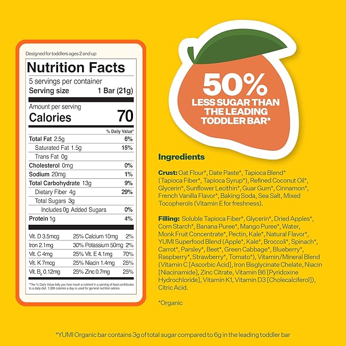 Yumi Organic Toddler Snacks Bars - Gluten-Free, No Added Sugar, 7+ Vegetables, Soft-Baked Crust Yumi Bars, Healthy Toddler Organic Snacks - School Safe and for Lunch Boxes, Mango & Kale (30ct.)