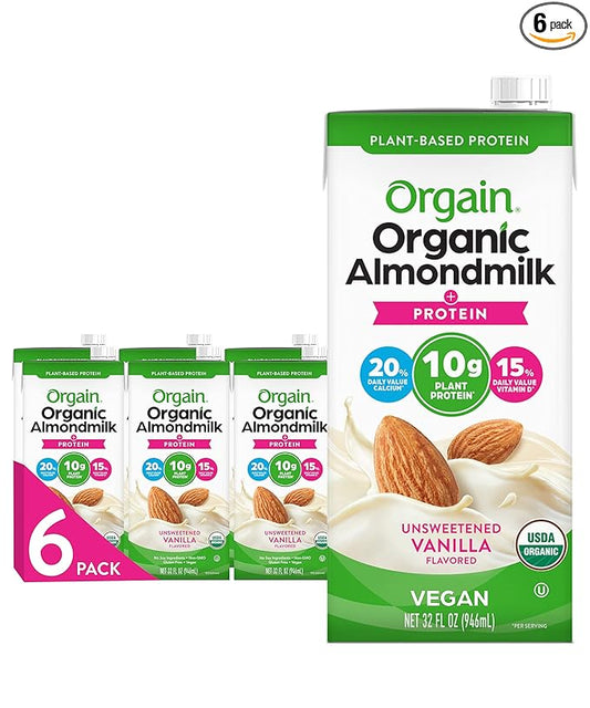 Orgain Organic Vegan Protein Almond Milk, Unsweetened Vanilla - 10g Plant Protein, Vitamin D & Calcium, No Lactose, Dairy & Soy Ingredients, Gluten Free, No Sugar Added, 32 Fl Oz (Pack of 6)