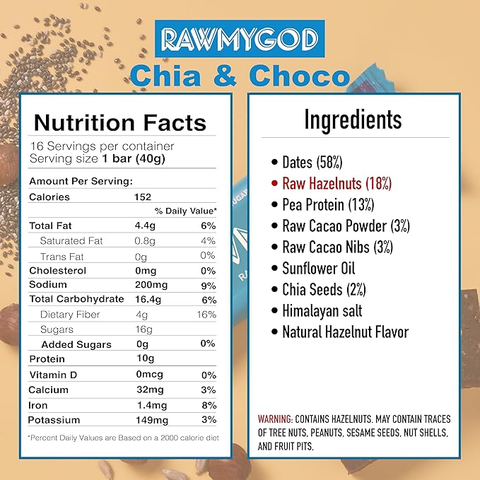 RAWMYGOD Fruit and Nut Bars, Good Source of Protein (10g, 25% protein content), Gluten Free, Vegan, No Added Sugar (16 bars, Chia & Choco)