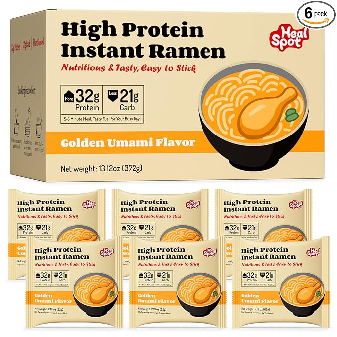 Healspot High Protein Instant Ramen, 6 Pack Non Fried Ramen Broth, 32g Plant Based Protein, Low Fat, Low Carb, Non GMO, Keto Friendly & Plant Based(Golden-Chicken)