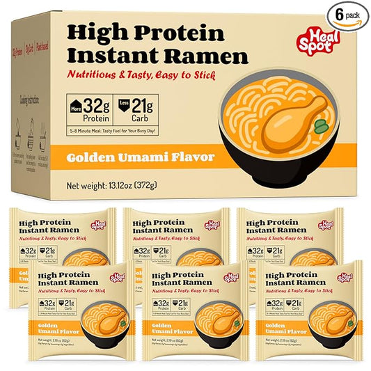 Healspot High Protein Instant Ramen, 6 Pack Non Fried Ramen Broth, 32g Plant Based Protein, Low Fat, Low Carb, Non GMO, Keto Friendly & Plant Based(Golden-Chicken)