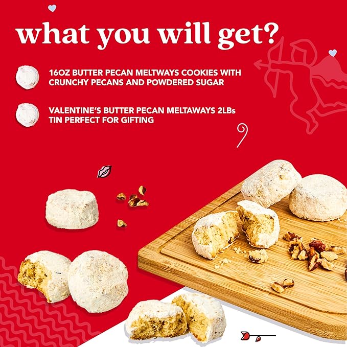 David’s Cookies Butter Pecan Meltaways Flavored Cookies With Crunchy Pecans In A Beautiful Love Tin Gift Box 2Lbs - Deliciously Soft & Melt In Your Mouth Cookies - Gourmet Cookies Gift for Valentine's