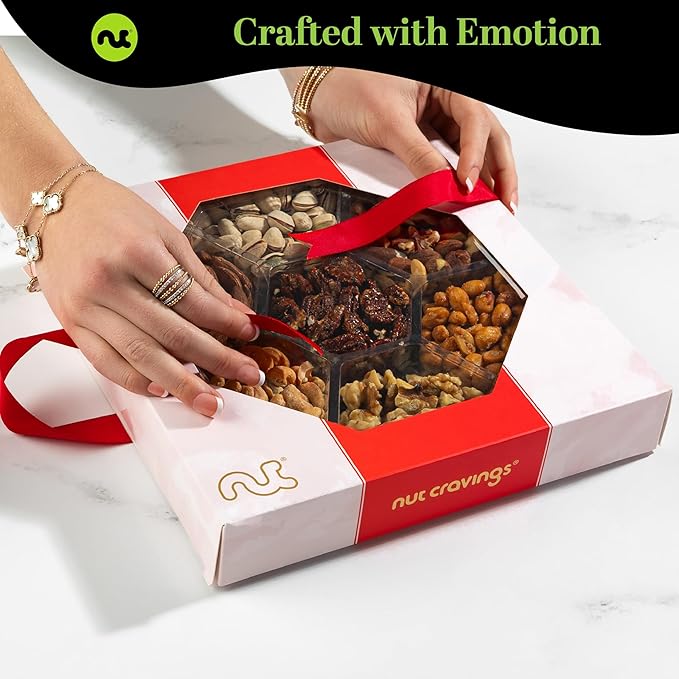 NUT CRAVINGS - Valentines Day Mixed Nuts Gift Basket in Red Gold Box (7 Assortments, 2 LB) Treats for Adults, Food Arrangement, Healthy Snack Care Package, Kosher