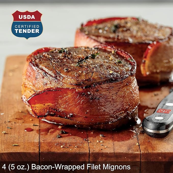 Omaha Steaks Deluxe Package, Gift-Ready or Stock Up, 21 items, 12 entrees - 4 Bacon-Wrapped Filet Mignons, 4 Steak Burgers, 4 Gourmet Jumbo Franks, 4 Au Gratin Potatoes, 4 Caramel Apple Tartlets, 1 jar Omaha Steaks Seasoning