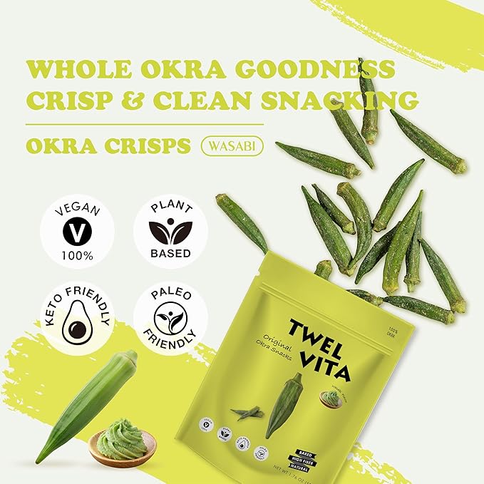 TWEL VITA Natural Wasabi Okra Crisps, 4-Pack (1.76 oz Each) | Vegan, Clean Label, Non-GMO, Gluten-Free, Paleo & Keto Friendly Snack Variety Pack