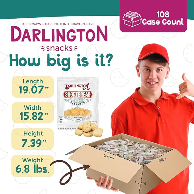 Darlington Snacks Individually Wrapped Shortbread Cookies Biscuit Bites, 1.0 Oz Butter Short Bread Cookies, Made in USA, 108 Count (6.75 lbs Total)
