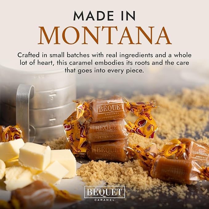 Béquet Caramel - Butterscotch Gourmet Candy - Candy Individually Wrapped - Made in Montana - Kosher (Star D) and Gluten Free - 24 Ounce Resealable Pouch