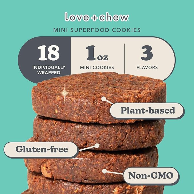 Love + Chew Mini Vegan Cookies, Gluten Free, 3g Plant Based Protein Per Cookie, Healthy Snacks for Adults and Kids, Individually Wrapped Chocolate Cookies, Chocolate Lover Variety Pack, 18 Pack