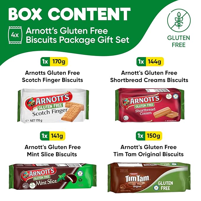 Gluten Free Snack Box & Gift Basket – Biscuit Variety Pack for Adults – 4-Pack Australian Favorites: Scotch Finger, Mint Slice & Shortbread Creams – Celiac Friendly Care Package