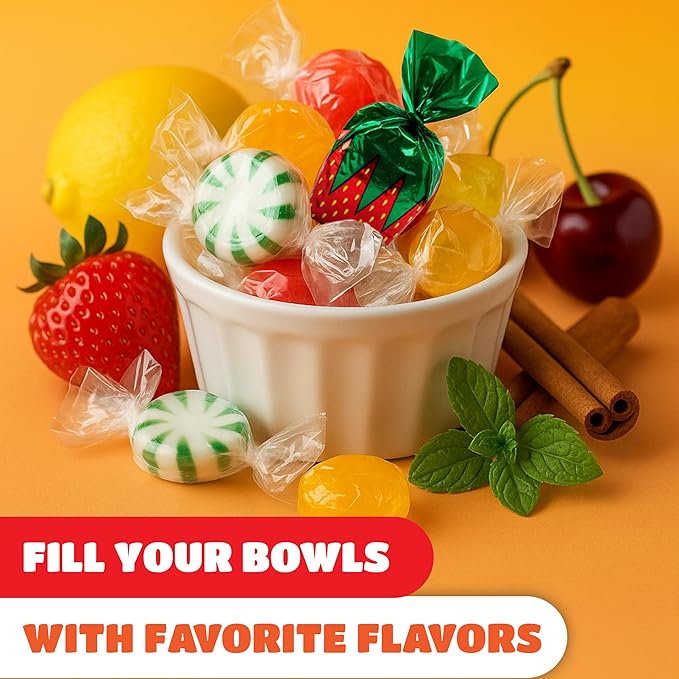 Old Fashioned Hard Candy Assortment - 3 Pound Bulk Pack (225 Count) - Strawberry Bon Bons, Cinnamon, Butterscotch, Fruit Flavors - Nostalgic Hard Candy