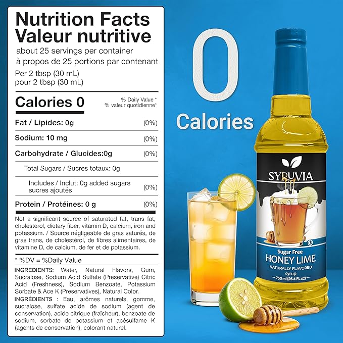 Syruvia Sugar Free Honey Lime Flavored Syrup for Drinks, Cocktails, Mocktails, Iced Teas and Desserts – 25.4 fl oz