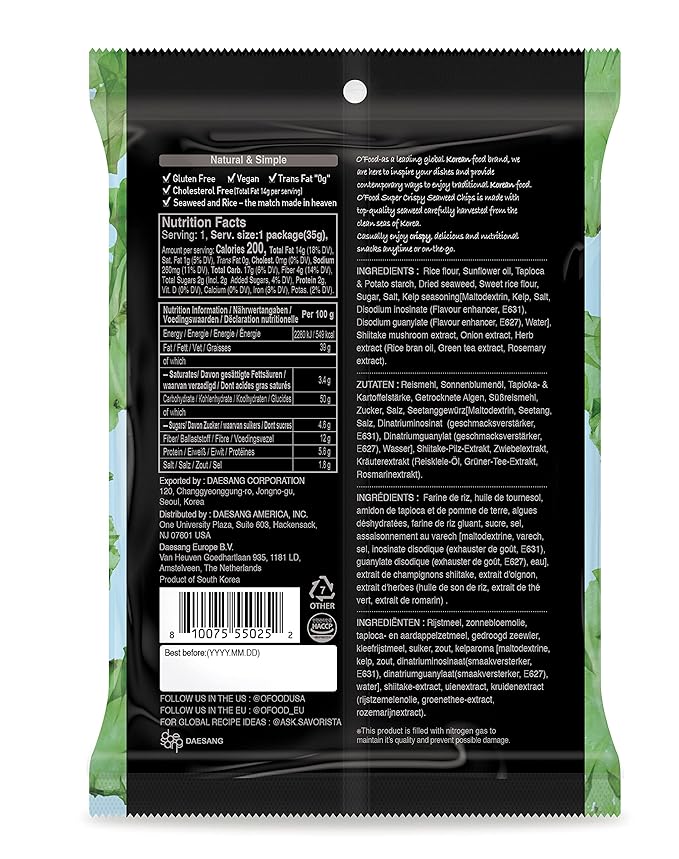 Seaweed Chips Original 1.23oz (35g) Tempura Chips | Crispy Korean Snack Made with Real Seaweed & Rice | Savory Crunch | Light, Gluten-Free Snack - O’food