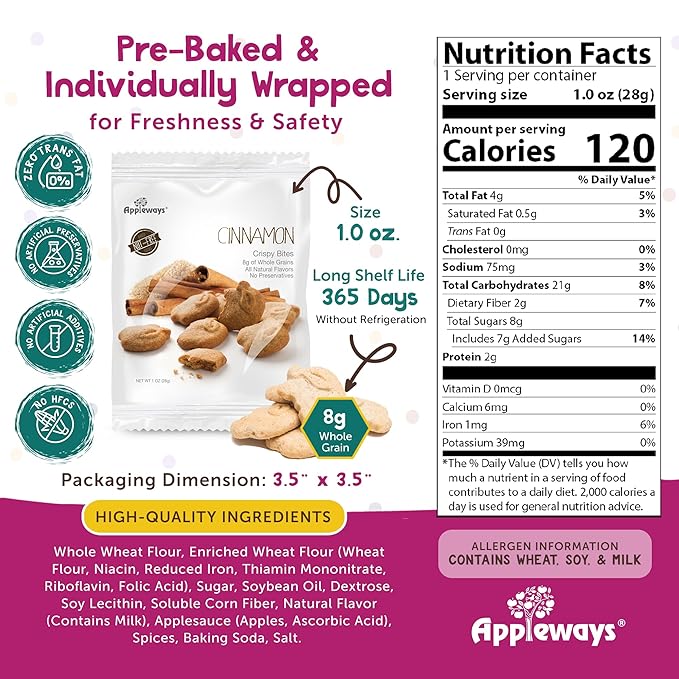 Appleways Whole Grain Cinnamon Crispy Bites, All-Natural Individually Wrapped Cinnamon Best Snacks for Classroom, Made in USA, 108 Count, 1 Oz