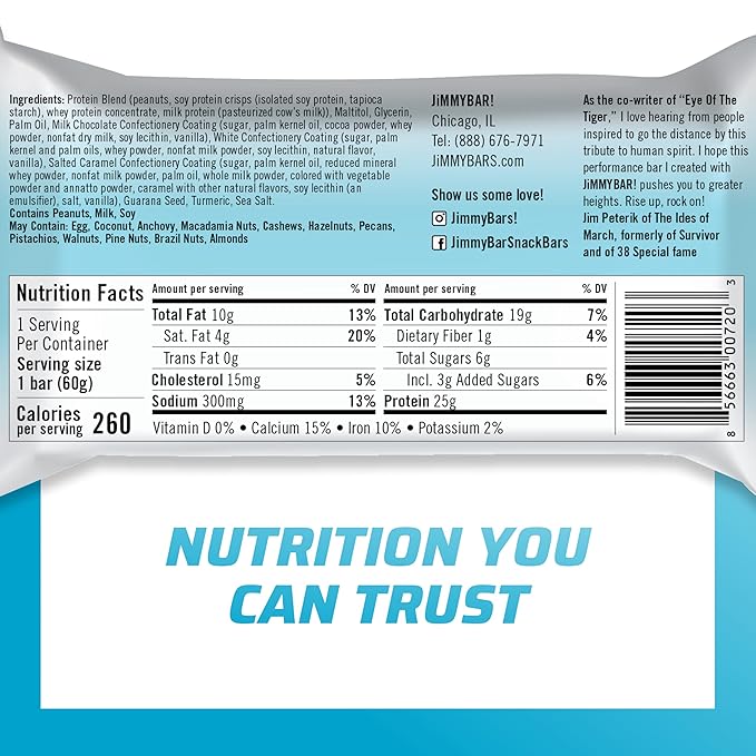 JiMMYBAR! - Eye Of The Tiger Caramel Chocolate Peanut Protein Bars - 25g Protein Bar - 6g Low Sugar - 12 Count - 60g Health Bars - Functional Snack with Real Peanuts & Hand-Drizzled Chocolate