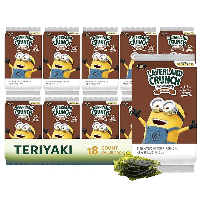 Laverland Crunch Seaweed Snacks, Teriyaki, Minions, 18 Individual Snack Packs – Double Roasted Korean Seaweed, Healthy Snacks for Adults & Kids, 0.16 Oz Ea