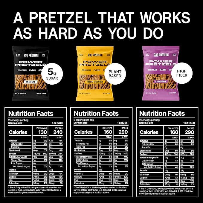 Power Pretzels - Variety Pack, 9 Count, 23g Protein per Bag, Vegan Friendly and Plant-Based, (3) Cinnamon, (3) Honey Mustard, (3) Salt, Perfect for Active Adults, Great for Gym, Work, or On-the-Go