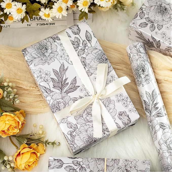 Homeral Shimmer Floral Gift Wrapping Paper Roll-46.8 sq.ft. Black and White Pearly Luster Vintage Flower for Wedding, Birthday, Baby Shower, Anniversaries, Party-17 Inch x 33 Feet