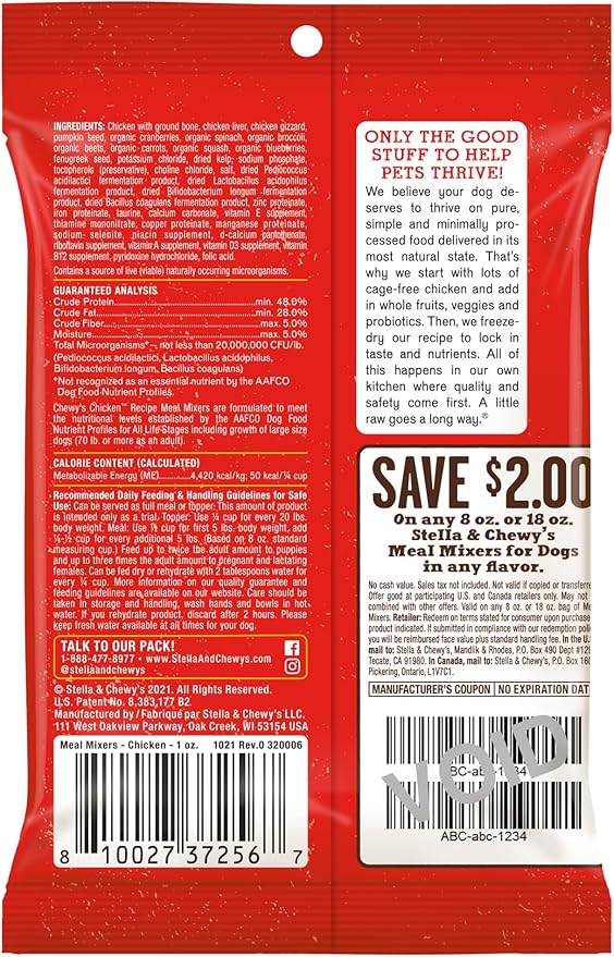 Stella & Chewy's Freeze-Dried Raw Chicken Meal Mixers- Dog Food Topper and Mixer - Made with 95% Cage-Free Chicken, Organs & Bone - Perfect for Picky Eaters - Grain-Free - 1oz (Pack of 2)