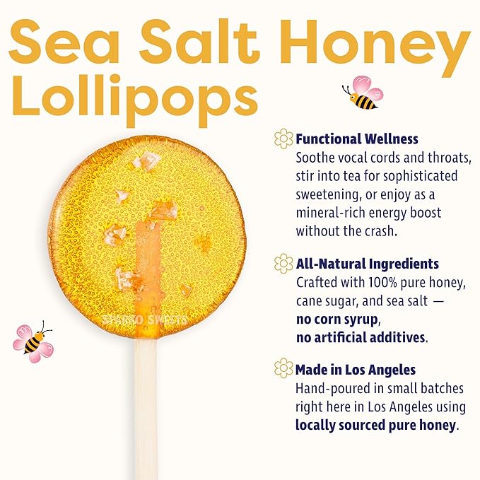 Sparko Sweets Natural Honey Mini Round Lollipops, No Artificial Ingredients, No Corn Syrup, Made in USA, 16 Count, 1.4-inch Diameter, 12g Each – Perfect for Tea Stirrers, Sore Throat Remedy, and Gifts (40 Count (Pack of 1), Sea Salt Honey)