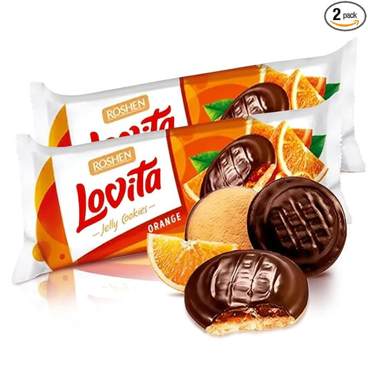 Roshen Lovita Cookies with Orange Jelly Filling, 4.76 oz, Golden Biscuit with Real Orange Jelly & Smooth Chocolate Glaze, European Gourmet Cookies, Pack of 2