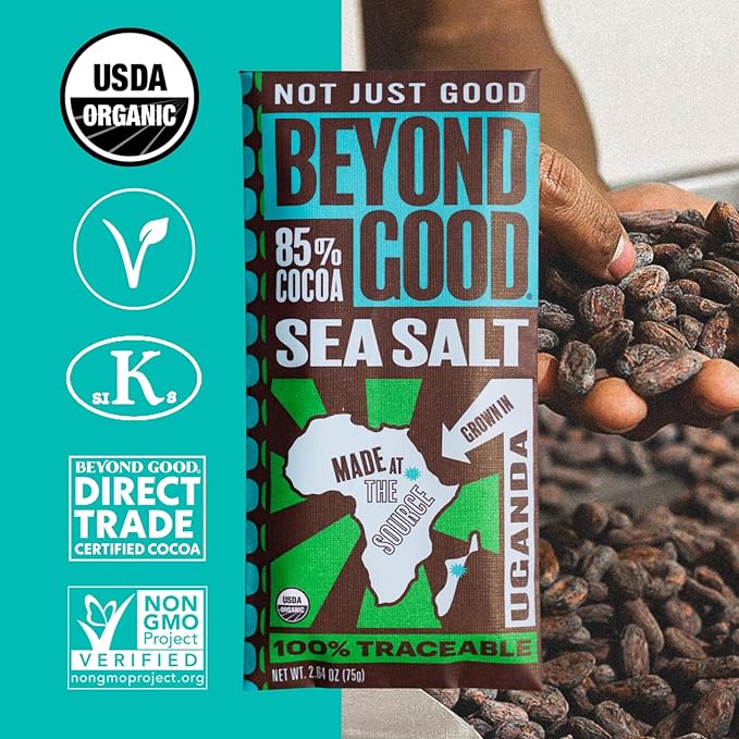 Beyond Good 85% Cocoa Dark Chocolate Bars with Sea Salt | 12 Pack - Chocolate Bars | Organic, Direct Trade, Vegan, Kosher, Non-GMO | Single Origin Uganda Chocolate
