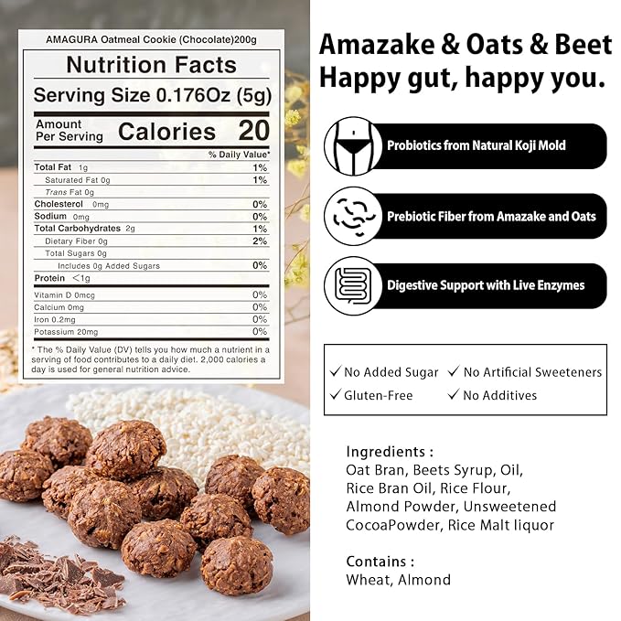 ［AMAGURA］Japanese Amazake Oatmeal Cookies Variety Pack 7oz (Pack of 4) | Japanese superfood, Natural Healthy Cookies, Probiotics, Gut Health, Gluten Free, No Sugar Added, Rich Nutrients and Fiber