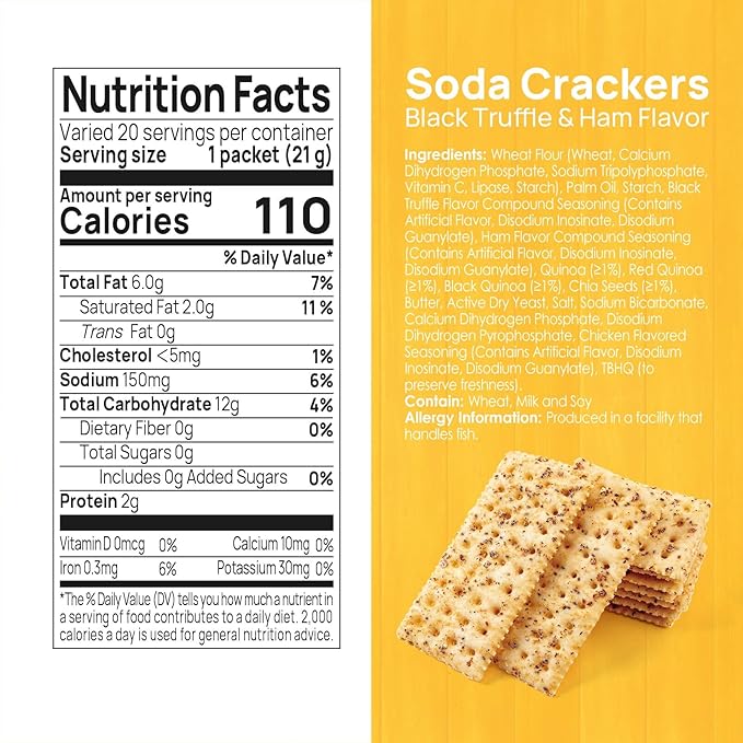 Vloong Black Truffle & Ham Flavor Soda Crackers with Chia Seeds and Quinoa, Vlife Baked Charcuterie Board Crackers, Individually Packed Office Snacks(1 PACK,14.2 Ounce), Gourmet Pepperoni Crackers for Cheese