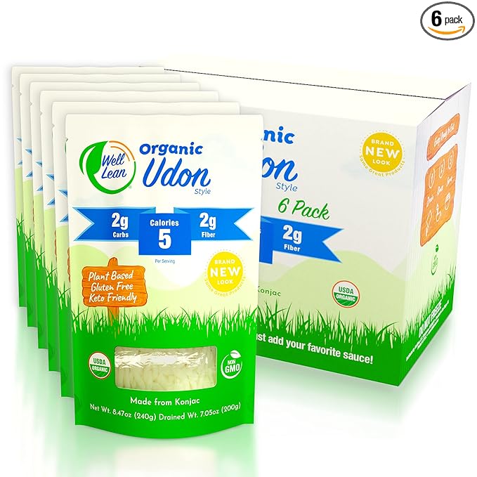 Well Lean Organic Udon, Premium Shirataki Konjac Udon, USDA Organic, 100% Plant Based, Keto Friendly, Zero Net Carb, Non-GMO, Ready to Eat, Low Calorie, Gluten Free, Vegan, Diet, 6 Pack, 57.1 oz…