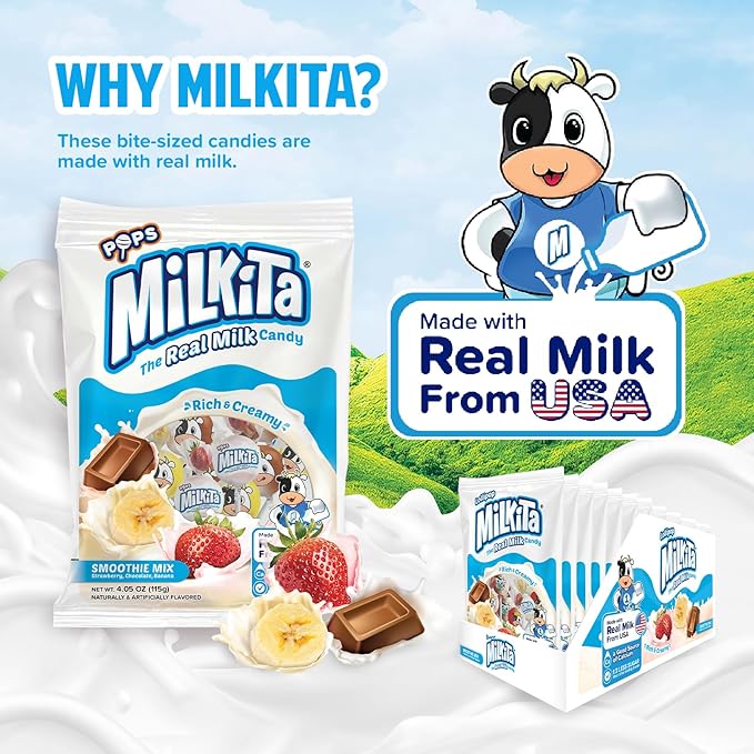 Milkita The Real Milk Candy Lollipop Bag – Low-Sugar, Healthy Sweets with Real Milk for Kids & Adults – Fat Free & Gluten Free Candy with Calcium (Strawberry, Chocolate, Banana - 10 Pcs)
