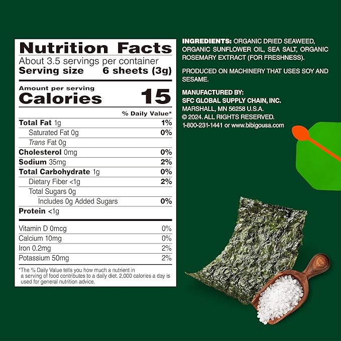 Bibigo Seaweed Snack, Sea Salt Flavor, Non GMO, Gluten Free, 0.35 Ounces (Pack of 12)