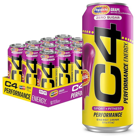 Cellucor C4 Energy Drink x Grape Popsicle, Carbonated Sugar Free Pre Workout Performance Drink with no Artificial Colors or Dyes, 16 Oz, Pack of 12 | Carbonated, Pre Workout, Performance Drink, no Artificial Colors, no Dyes