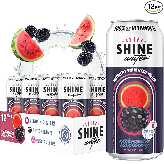 Shine Water Watermelon Blackberry Vitamin D Electrolyte Drinks 12-Pack, Sugar Free Flavored Water with Magnesium, Zinc & Antioxidants, Low Calorie Hydration Beverage, Plant-Based Vitamin Water Zero Sugar