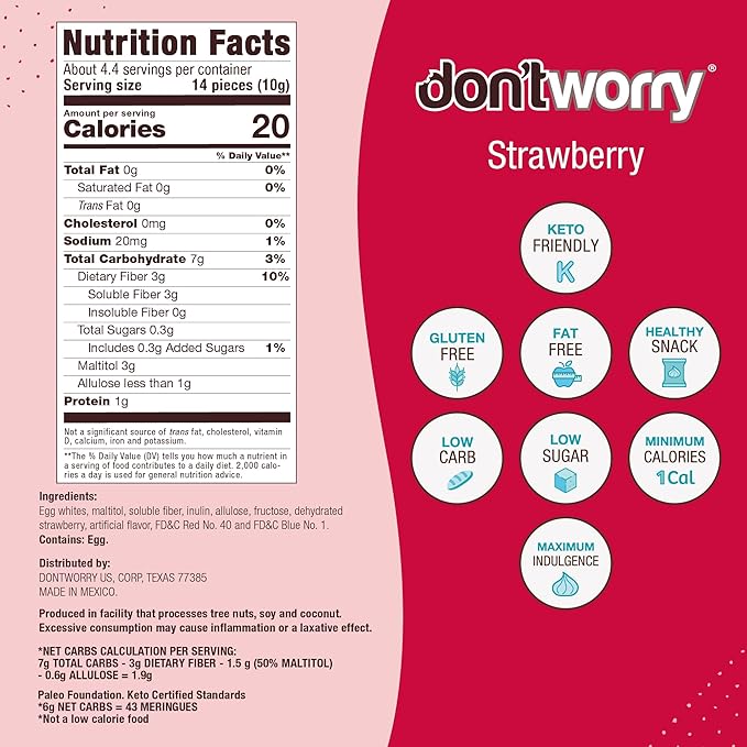 Don't Worry Low Calorie Meringue Cookies - 4 Pack - Strawberry and Vanilla, Just 1 Calorie per Piece | Low Sugar Candy, Gluten Free, Protein Snacks | Keto Friendly and Healthy Snacks for Adults