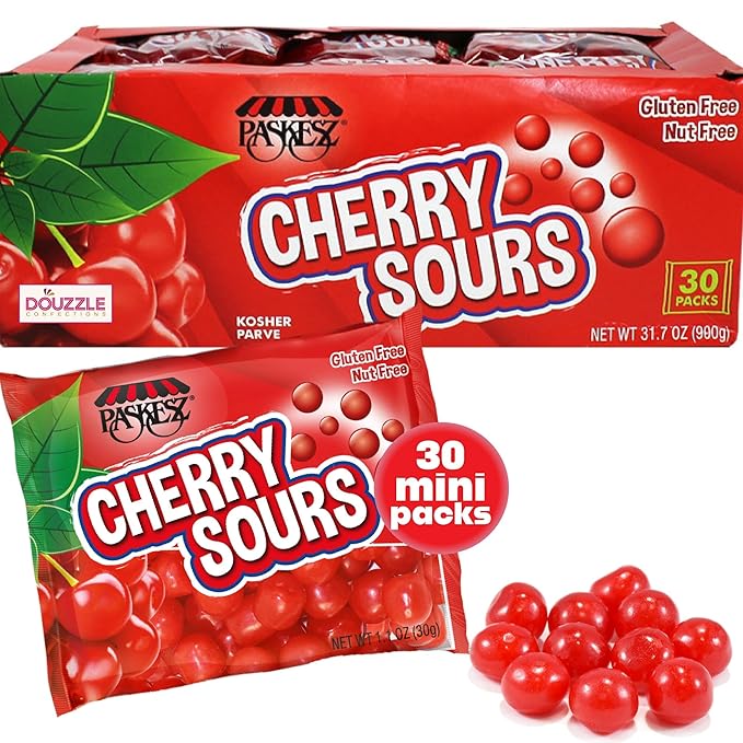 DOUzzle Valentines Day Sweet Treats, Cherry Sours Red Candy Balls, Original Chewy Candies, Mini Packs (30 Count) Individually Wrapped, Party Favor, Goodie Bag & Pinata Filler - Kosher