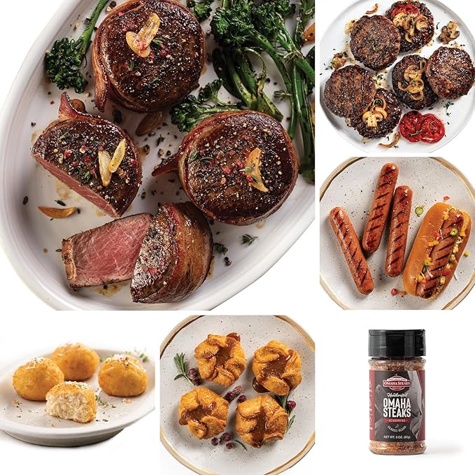Omaha Steaks Deluxe Package, Gift-Ready or Stock Up, 21 items, 12 entrees - 4 Bacon-Wrapped Filet Mignons, 4 Steak Burgers, 4 Gourmet Jumbo Franks, 4 Au Gratin Potatoes, 4 Caramel Apple Tartlets, 1 jar Omaha Steaks Seasoning