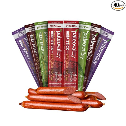 Paleovalley 100% Grass Fed Beef Sticks - Delicious Gluten Free Beef Snack - High Protein Keto Friendly, 40 Count Variety Pack